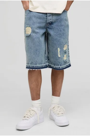 Regular Fit Blue Ripped Jorts With Let Down Hem - light blue
