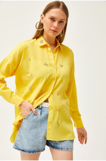 Women's Yellow Collar and Jewelled Front Six Oval Woven Shirt