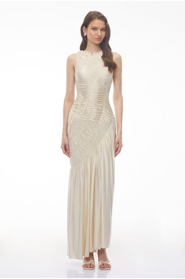 Hestia Champagne Ruched Asymmetrical Maxi Dress