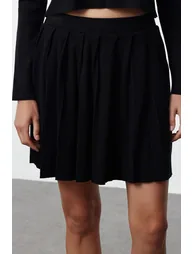 Black Premium Yarn/Special Yarn Pleated Skirted Knitwear Top-Bottom Set - 3