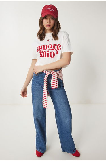 Women's Ecru Printed Cotton Short Knitted T-Shirt