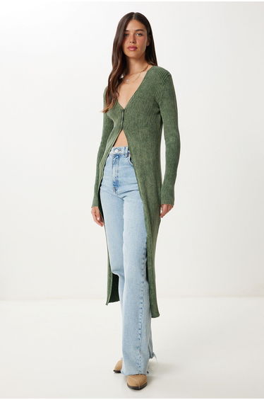 Women's Khaki Washed Long Knit Cardigan