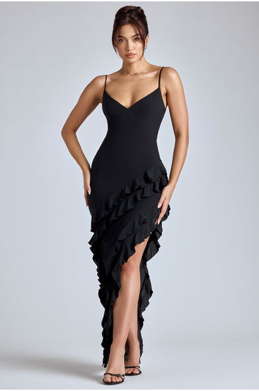 Panelled Ruffle Evening Gown in Black