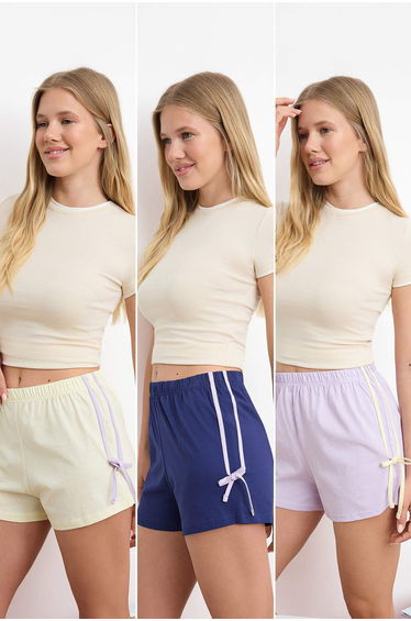 Navy blue-multicolor 3-pack cotton tie/bow knitted pajama bottoms