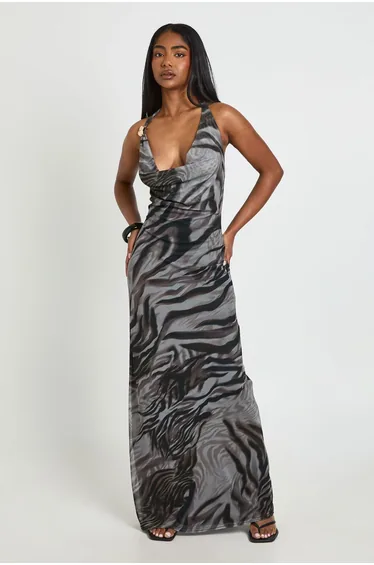 فستان بوهو شيفون   متعدد الالوان طول الأرض بقصة مستقيمة بياقة هالتر