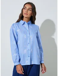Blue Striped Graphic Print Long Sleeve Shirt - 2