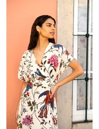 Yumi Ivory Bird and Floral Print Ruched Waist Kimono Dress - 3