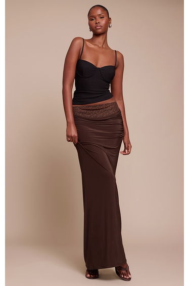 Dark Chocolate Lace Underlay Double Slinky Cowl Maxi Skirt