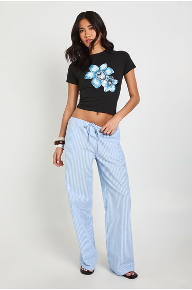 Blue Flowers Printed Baby Tee - black
