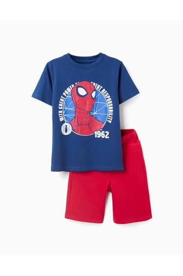 Cotton T-Shirt And Shorts Set With Spider-Man Print For Boys, Blue/Red