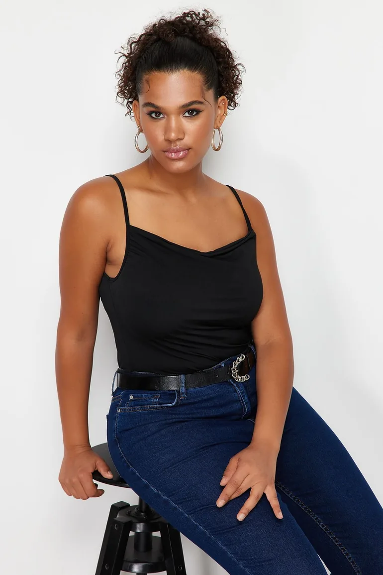 Black Strap Detail Collar Knitted Blouse