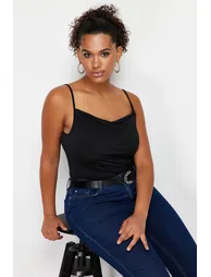 Black Strap Detail Collar Knitted Blouse