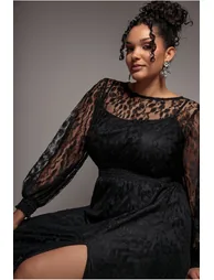 Lace Long Sleeve Shirred Waist Maxi Dress - Black by Goddiva Plus