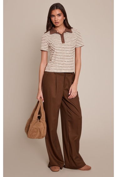 Light Brown Soft Rib Striped Detail Collared Short Sleeve Top