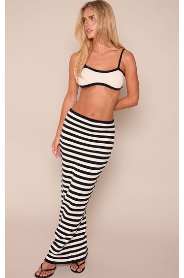 Petite Cream Contrast Knit Striped Column Maxi Skirt