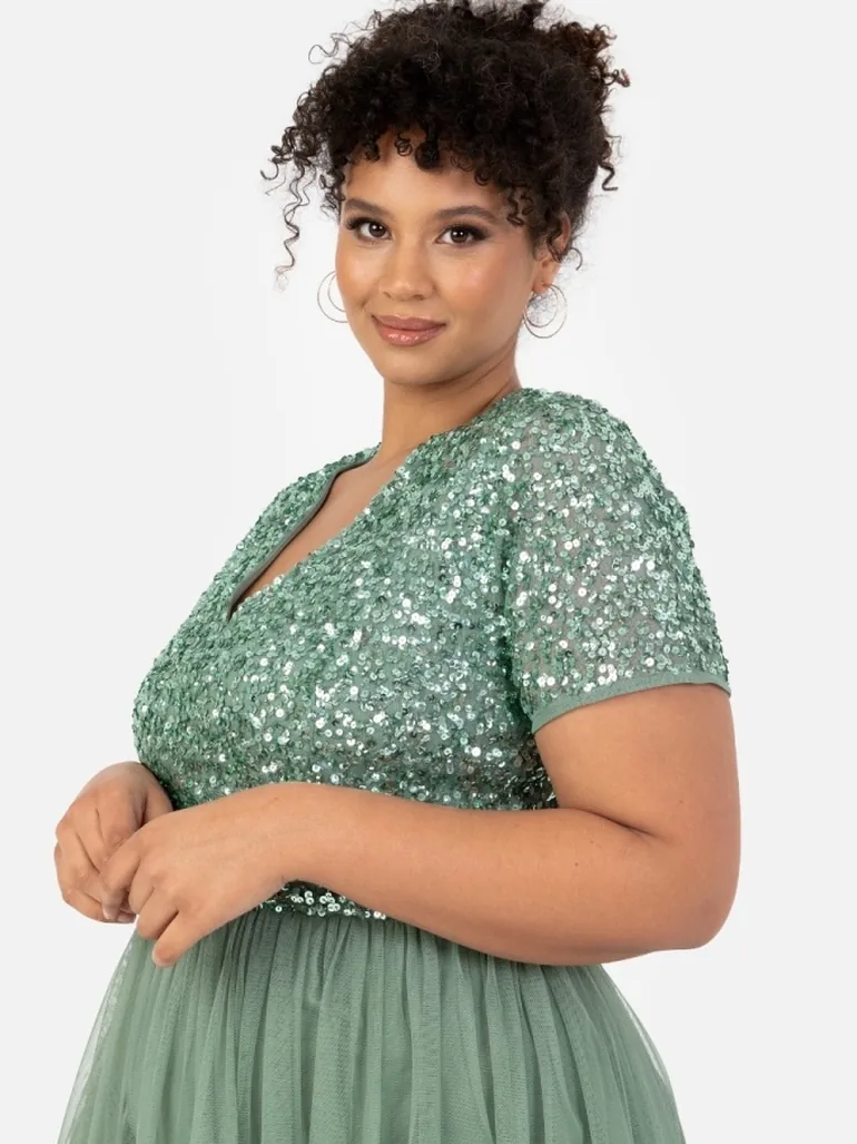 Shop Dark Sage Green V Neckline Embellished Midi Dress Online in Bahrain