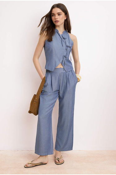 Navy Blue Striped Halter Neck Blouse Trousers Woven Bottom - Top Set