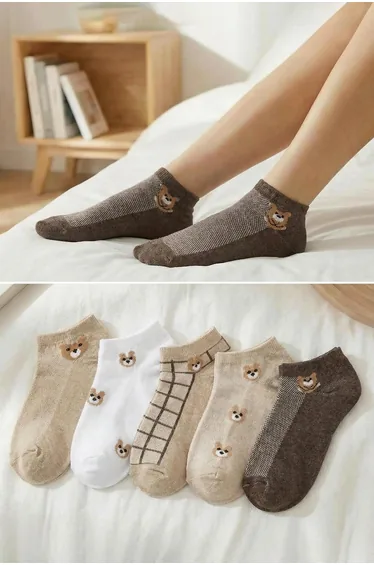 Multi-Colored 5-Pack Teddy Bear Ankle Length Knitted Socks