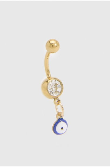Stainless Steel Evil Eye Detail Belly Bar - gold