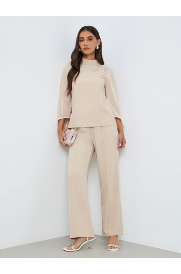 Women Beige Rhinestone-Embellished Top and Pants Co-Ords