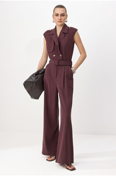 Mürdüm Belt Li Modal Wide Leg Long Woven Jumpsuit