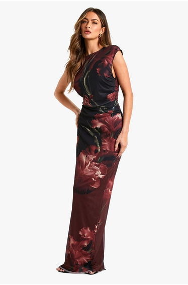 Large Floral Printed Mesh Floor Length Dress - black