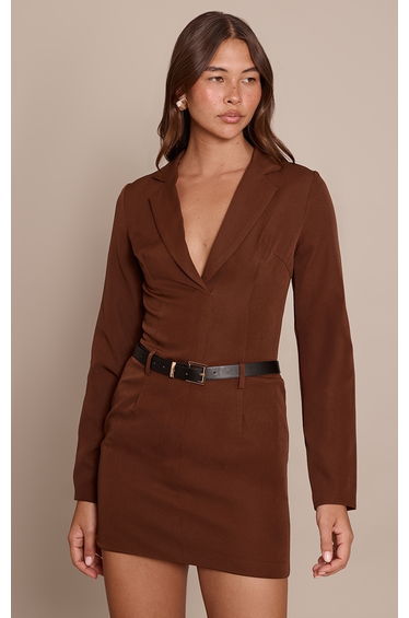 Deep Chocolate Woven Long Sleeve Belted Shift Dress