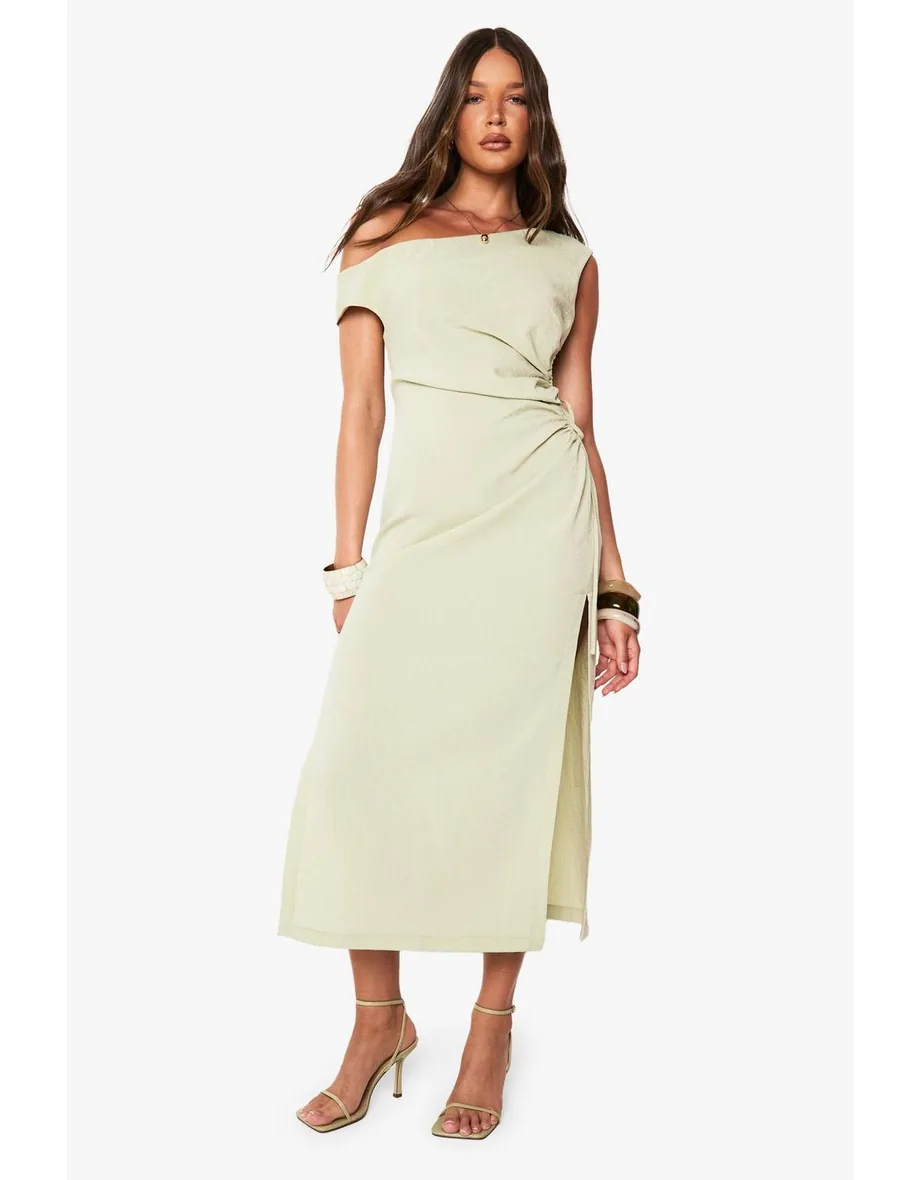Linen Look Off The Shoulder Ruched Split Leg Midaxi Dress - sage Boohoo Green : Evening Dresses : VogaCloset Qatar Linen Look Off The Shoulder Ruched Split Leg Midaxi Dress - sage Boohoo Green : Evening Dresses : VogaCloset Qatar