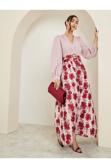 Women Floral Balloon Sleeves A-Line Maxi Dress