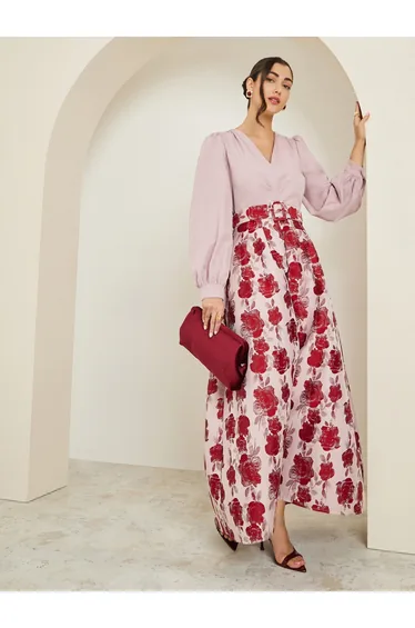 Women Floral Balloon Sleeves A-Line Maxi Dress