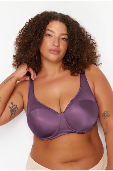 Lilac fixed covered underwire mesh detailed gatherable ironable plus size bra