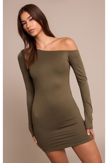 Khaki Soft Touch Jersey Asymmetric Bodycon Dress