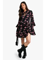 Floral Printed Long Sleeve Keyhole Detail Skater Dress - black - 2