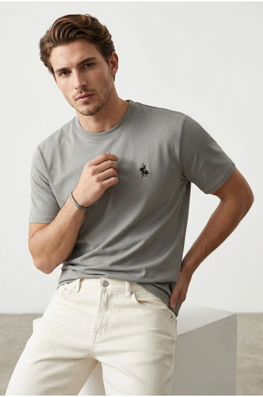 Grey Regular Cut Embroidered Detailed 100% Cotton T-Shirt