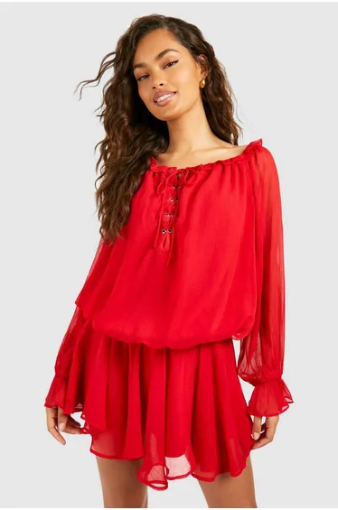 فستان قصير شيفون بأكمام بلوسون - أحمر