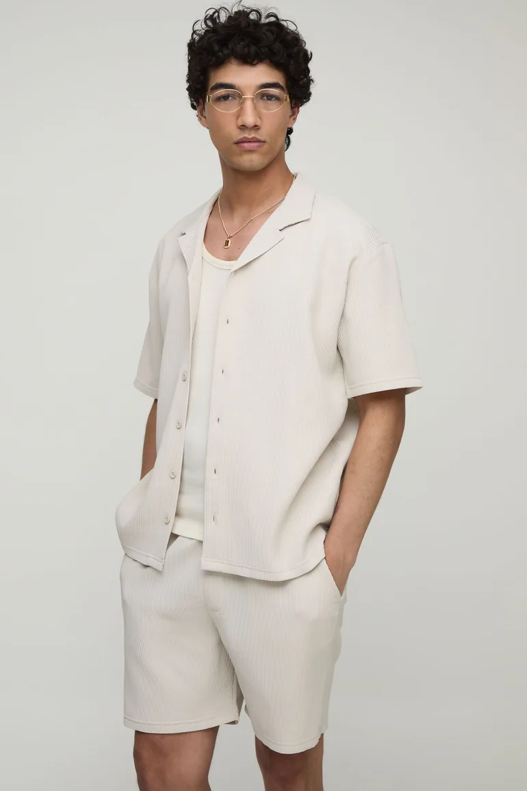 Oversized Revere Pleated Shirt & Short Set - stone - 1
