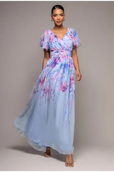 Printed Silky Chiffon Flutter Sleeve Maxi Dress - Blue by Goddiva