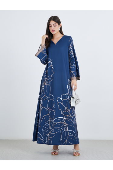Women Navy Blue Placement Floral Print Jalabiya with Contrast Sleeve Cuff