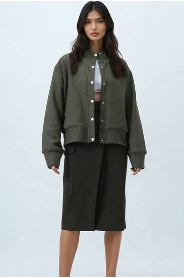 Women's Olive Green Soft Textured Double Pocket Fleece Inside Bomber Jacket