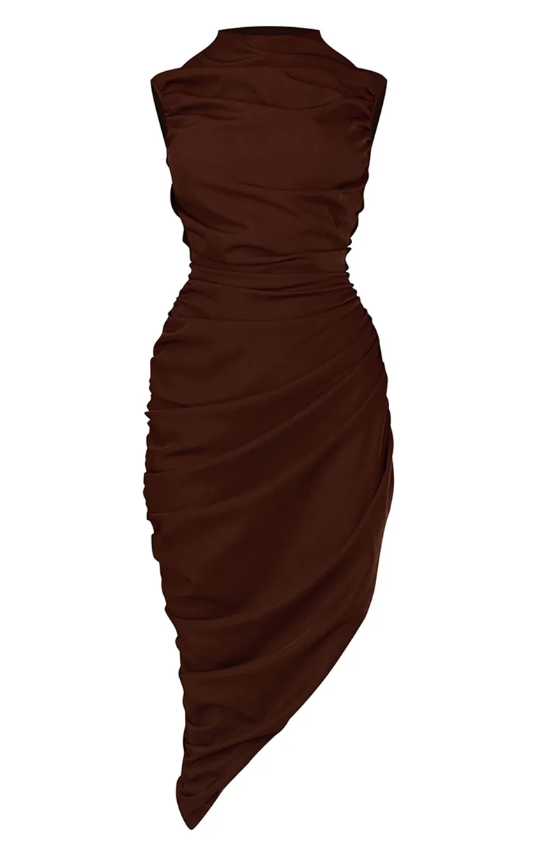 plt brown ruched dress PrettyLittleThing Women's PLT Label Golden Slinky Ruched Bandeau Fishtail Maxi Dress in Olive