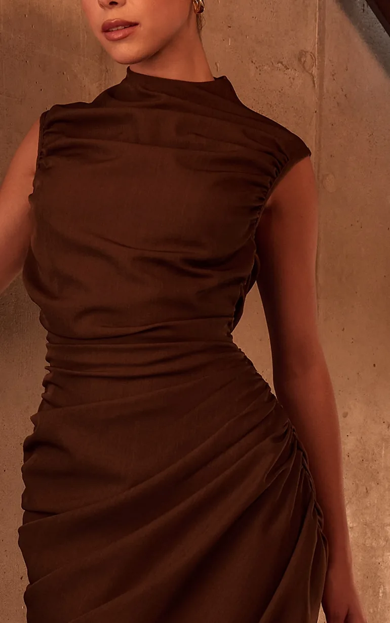 PLT Label Chocolate Brown Ruched Asymmetric Midaxi Dress Prettylittlething  Brown : Evening Dresses : VogaCloset Iraq