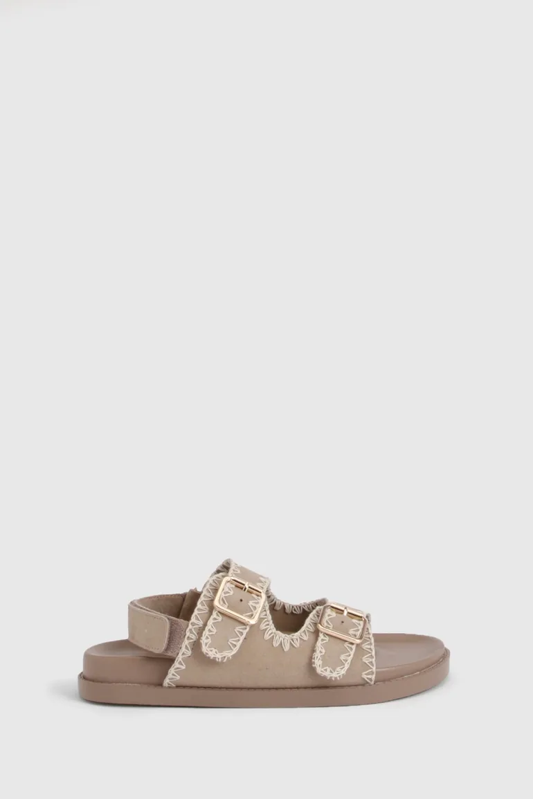 Wide Fit Faux Suede Contrast Stitch Sandals - taupe - 1
