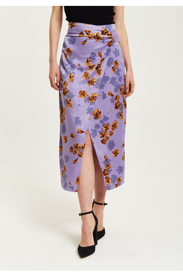 Women's Purple Floral Midi Skirt with Ruching Detail and Front Slit.