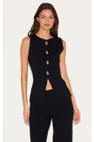 Black Compact Knit Button Up Waistcoat