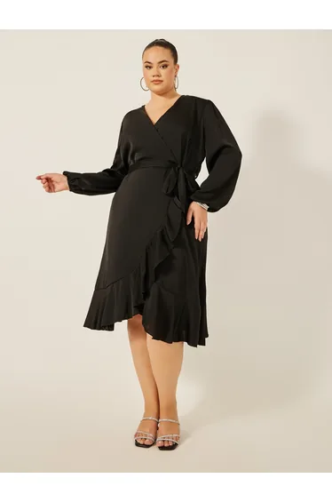Plus Size Balloon Sleeve Wrap Midi Dress