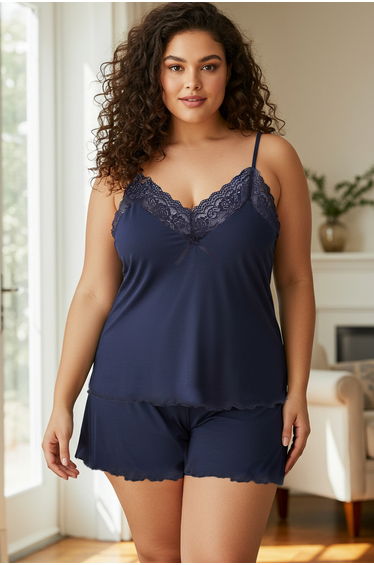 Navy Blue V Neck Lace Knitted Pajama Set
