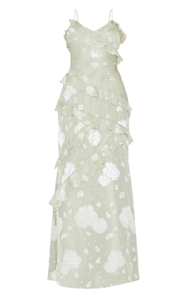 green emerald velvet dress Montaigne Ruffle Maxi Dress - Sage Floral Maxi main image 1