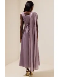 Satin Gathering Cape Sleeve Midi Dress - 2