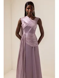 Satin Gathering Cape Sleeve Midi Dress - 3