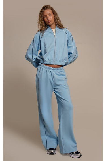 Blue Interlock Contrast Piping Wide Leg Joggers